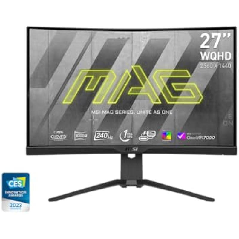MSI MAG275CQRXF, 27″ Rapid VA Gaming Monitor, 2560 x 1440 (QHD) Curved Gaming Monitor, 1 ms, 240Hz, FreeSync, HDR400, 1000R, HDMI, DisplayPort, Tilt and Height Adjustable.