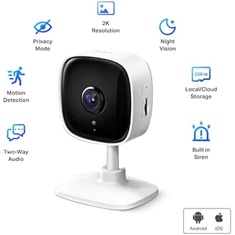 TP-Link Tapo 2K Indoor Home Security WiFi Camera, Up to 30ft Night Vision, Privacy Mode, Sound & Light Alarm, Up to 256 GB microSD Card Slot, Two-Way Audio, Works w/Alexa and Google (Tapo C110)