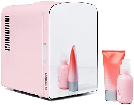 Chefman Portable Mirrored Personal Fridge, 4 Liter Mini Refrigerator, Skin Care, Makeup Storage, Beauty, Serums And Face Masks, Small For Desktop Or Travel, Cool & Heat, Cosmetic Application, Pink