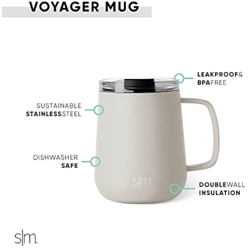 Simple Modern Travel Coffee Mug with Handle | Insulated Stainless Steel Coffee Tumbler Tea Cup | Gifts for Women & Men | Voyager Collection | 12oz | Almond Birch