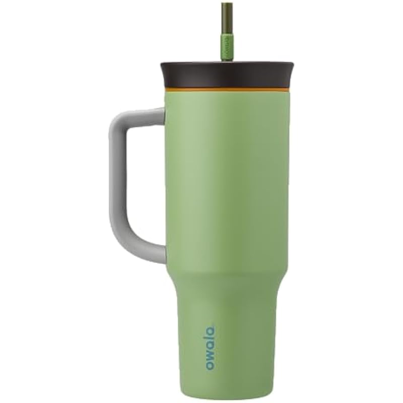 Owala Stainless Steel Triple Layer Insulated Travel Tumbler with Spill Resistant Lid, Straw, and Carry Handle, BPA Free, 40 oz, Green (Brave Adventures)