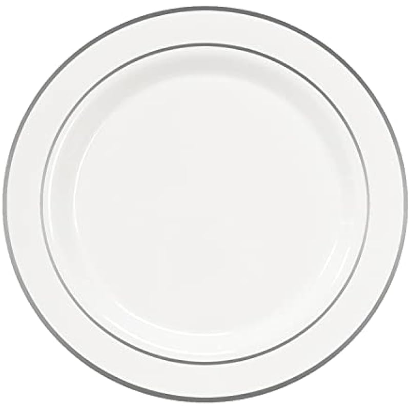Party Essentials 40 Count Devine Dinnerware Disposable Plastic Dinner Plates, 10.25-Inch, White/Silver