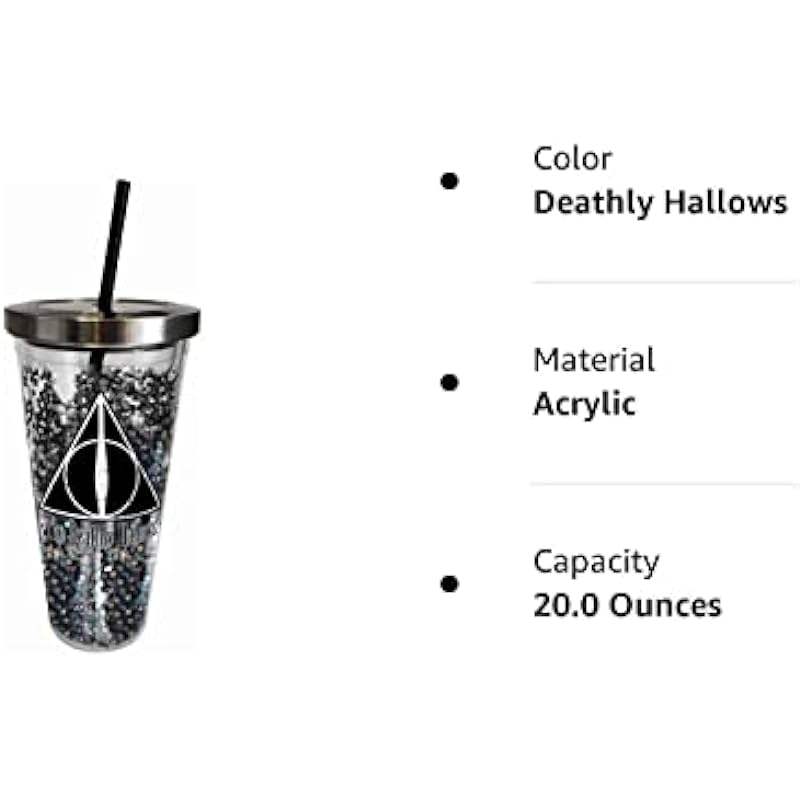 Spoontiques – Harry Potter Tumbler – Deathly Hallows Glitter Cup with Straw – 20 oz – Acrylic – Black