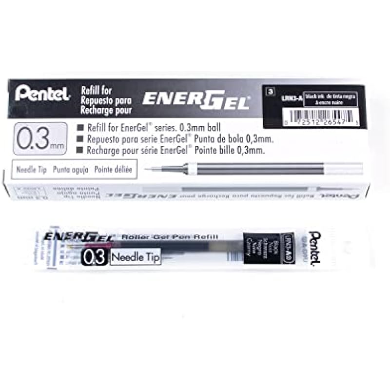 Refill for Pentel EnerGel (BLN73-A), 0.3mm, Ultra Fine Needle Tip, Black Ink, Box of 12