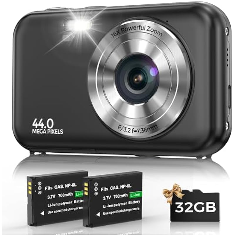 Digital Camera, Bofypoo FHD 1080P 44MP Kids Camera with 32GB Card, 16X Zoom Vlogging Camera, Point and Shoot Digital Camera Compact Camera for Teens,Beginners(Black)
