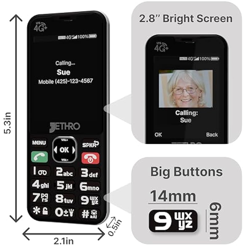 Jethro SC490 4G Unlocked Cell Phone for Seniors & Elderly Canada, Talk & Text Only, No Internet, Easy to Use, Big Buttons, Large Screen
