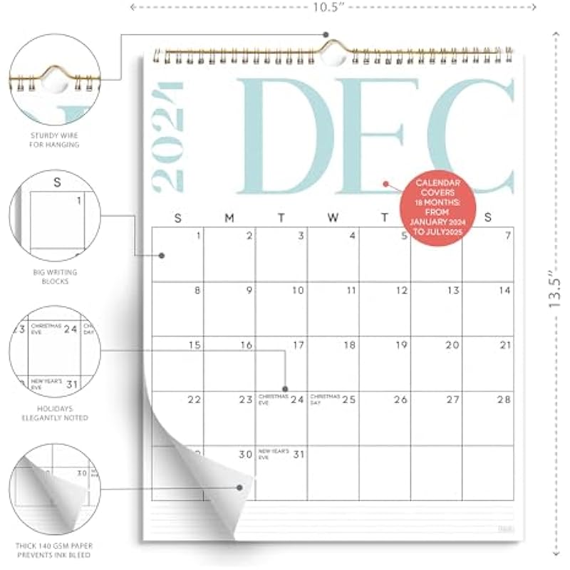 S&O Modern Vertical Wall Calendar from January 2024-June 2025 – Tear-Off Monthly Calendar – 18 Month Academic Wall Calendar – Hanging Calendar to Track Anniversaries & Appointments – 13.5″x10.5”in