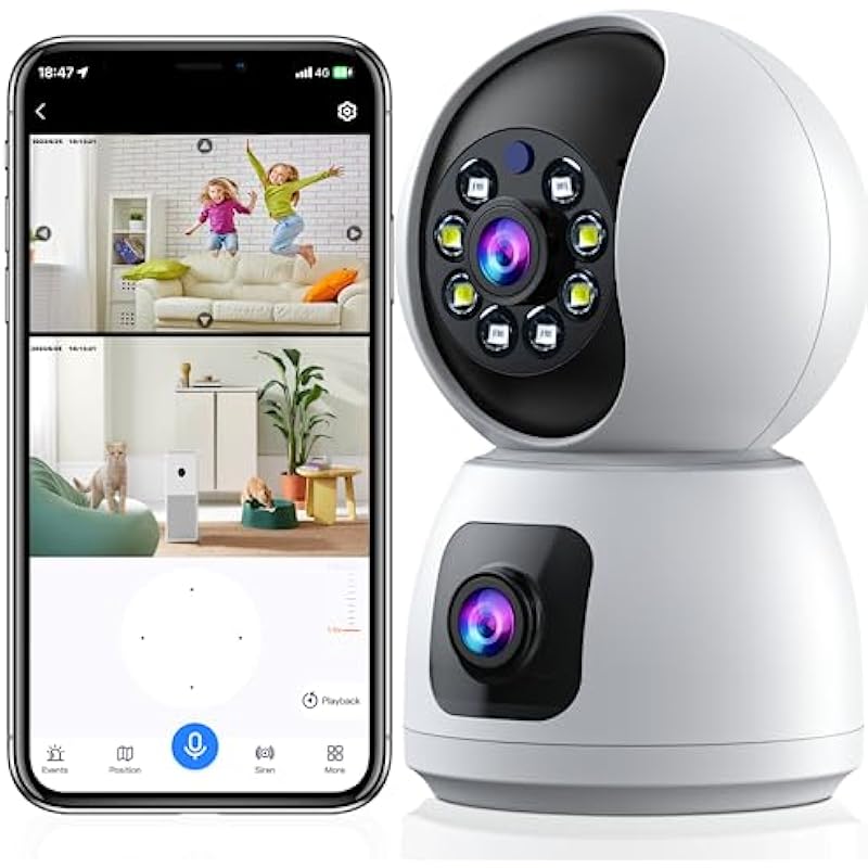 4MP Dual Lens Security Camera Indoor,2.4g WiFi Indoor Security Camera,for Home Security Camera/Pet Camera,Motion Tracking, Color Night Vision,Two-Way Dialogue