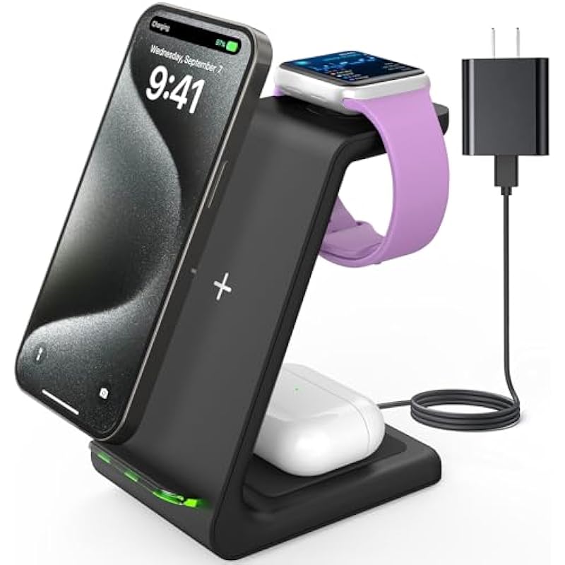 JoyGeek 3 in 1 Wireless Charger Stand for Apple Devices, Charging Station for iPhone 15/14/13/12/11/SE/X/8 Series, Charging Dock for Apple Watch Ultra/9/8/SE/7/6/5/4/3, AirPods Pro 2/3/2