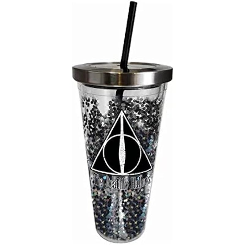 Spoontiques – Harry Potter Tumbler – Deathly Hallows Glitter Cup with Straw – 20 oz – Acrylic – Black