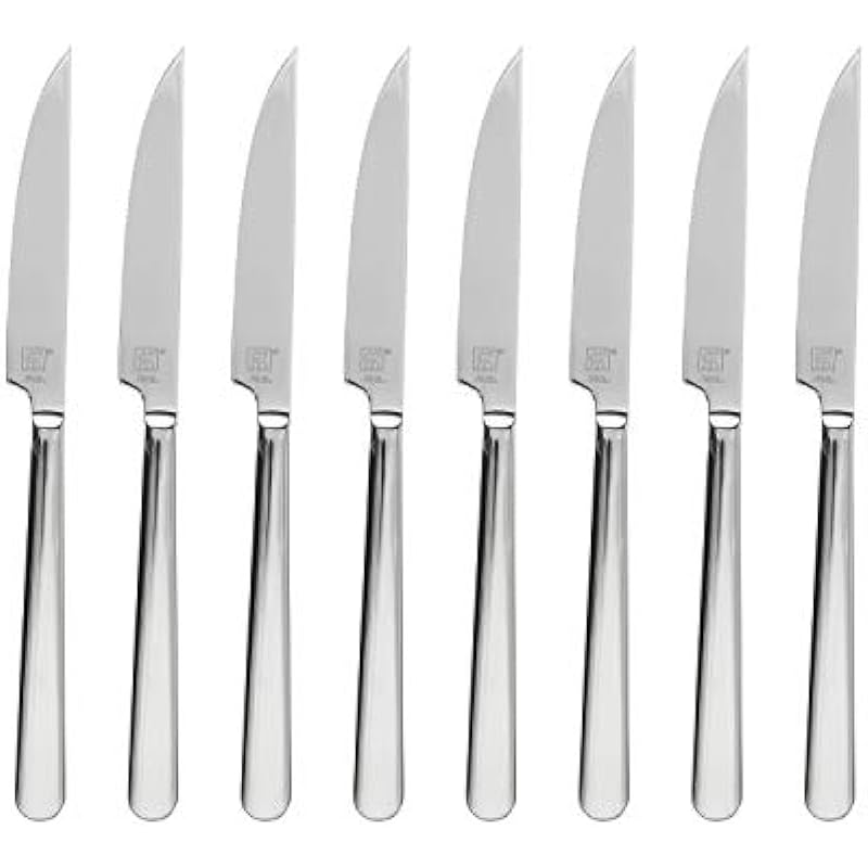 ZWILLING Premium Set of 8 Stainless German Steel Serrated Steak Knife Set with Wood Box – Razor Sharp Blades, Dishwasher Safe, Straight Edge, Dinner Knives, Gift Cutlery Set