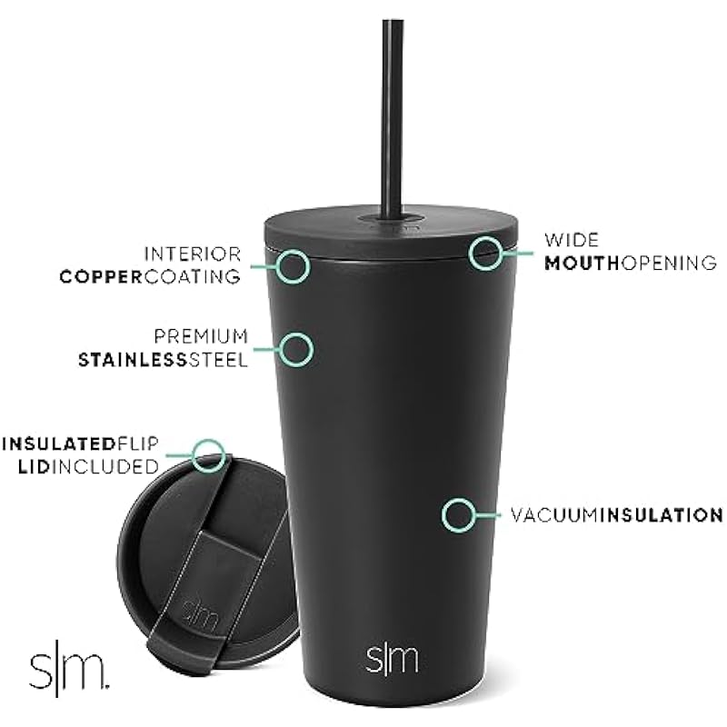 Simple Modern Insulated Tumbler with Straw and Lid | Iced Coffee Cup Reusable Stainless Steel Water Bottle Travel Mug | Gifts for Women & Men | Classic Collection | 16oz | Midnight Black