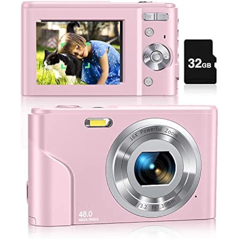 CAMKORY Digital Camera Autofocus with 32 GB Card Portabl Teen 48 MP Kid Camera FHD 1080P Vlogging Camera with 16X Zoom, LCD Screen, Compact Mini Cameras for 4-10 Year Old Student, Boy, Girl, Pink