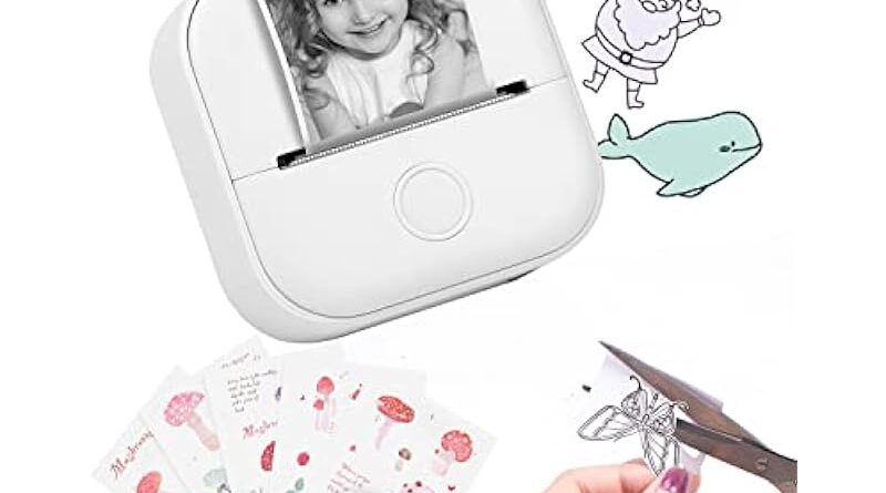 Mini Portable Sticker Printer - Memoking T02 Pocket Printer with 3 Rolls Paper, Bluetooth Photo Picture Printer for Children Birthday, Compatible with Phone & Tablet, White