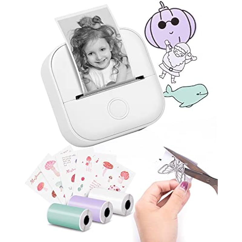 Mini Portable Sticker Printer – Memoking T02 Pocket Printer with 3 Rolls Paper, Bluetooth Photo Picture Printer for Children Birthday, Compatible with Phone & Tablet, White