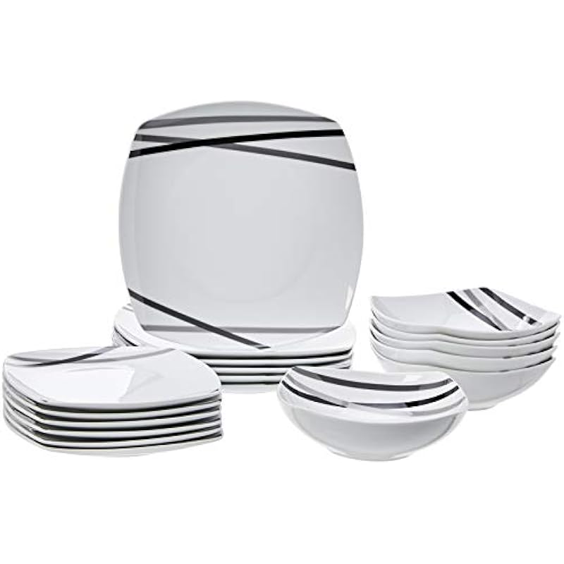 Amazon Basics 18-Piece Square Dinnerware Set, Dishes, Bowls, Service for 6, Modern Beams