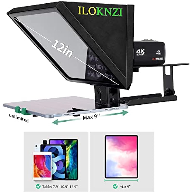 ILOKNZI 12inch Liftable Teleprompter, Metal Teleprompters for 12.9″ Tablets with Adjustable Tempered Optical Glass Supports Webcam Wide Angle Camcorder/Camera Lens Studio Make Videos and Live