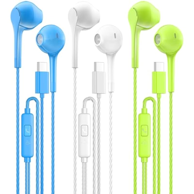 Earbuds Headphones with Microphone Pack of 3, USB C Headphones with Noise Isolating, Type C Earphones with Powerful Heavy Bass Stereo, Compatible with Android, Phone, Laptops and Most TypeC Interface