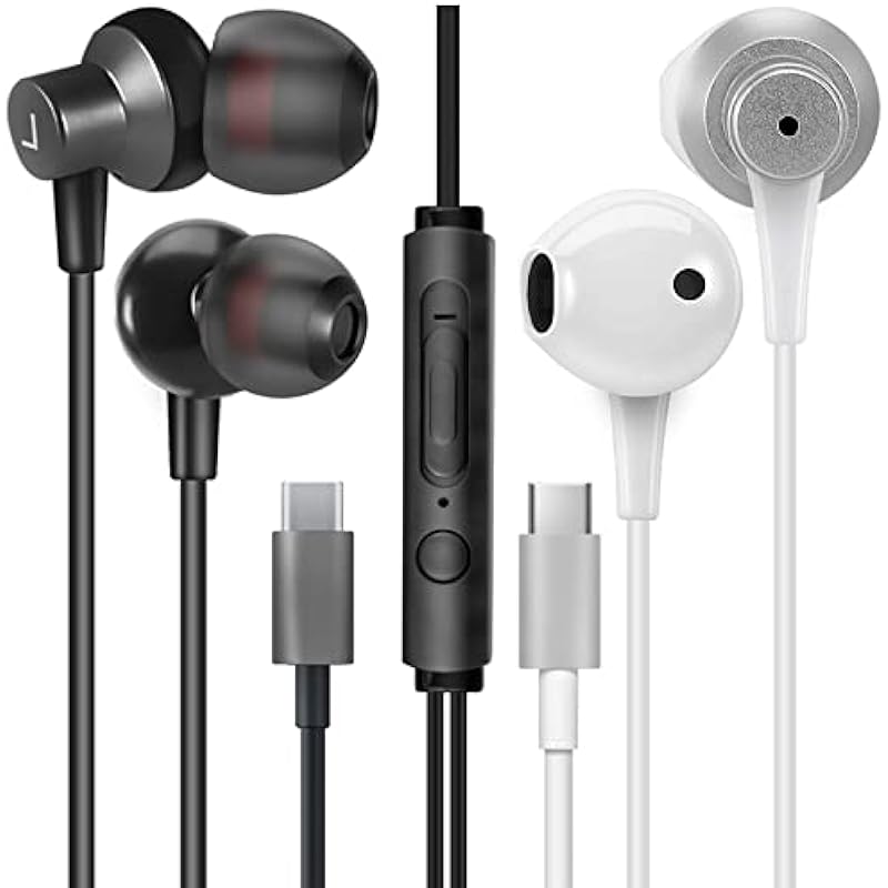 【2 Pack】 MAS Carney Digital USB Type C Earphones, USB C Earbuds,in-Ear Earbud Noise Isolating Pure Sound and Powerful Bass for USB-C Type-c Music Device (White+Black)