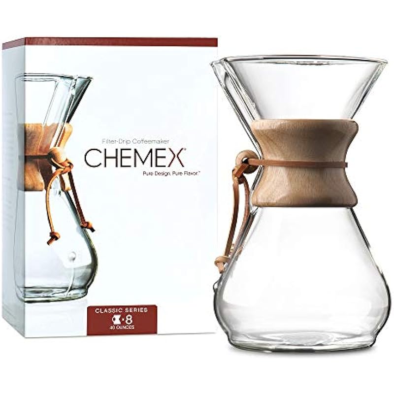 CHEMEX CFCM-8A Classic Series, Pour-over Glass Coffeemaker, 8-Cup – Exclusive Packaging, Clear