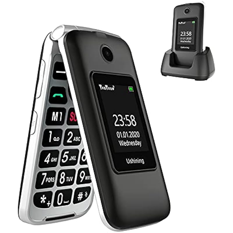 Ushining 3G Senior Flip Phones Unlocked Canada Dual Screen Basic Cell Phone Large Volume Big Button Mobile Phone with Charging Dock for Seniors（Black）