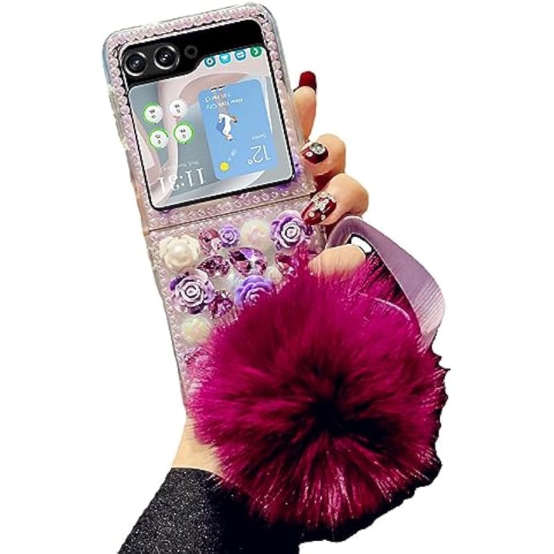 for Samsung Galaxy Z Flip 5 Case,Samsung Flip 5 Case Cute Bling Diamond Girly Design,Galaxy Flip 5 Case 3D Handmade Pearl Rose Flower with Wrist Lanyard,Flip 5 Phone Case for Women Girls (Purple)
