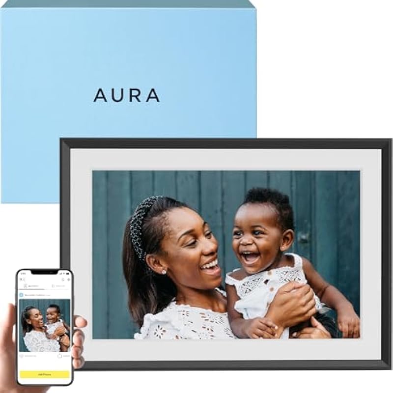 Aura Carver Mat WiFi Digital Picture Frame, 10.1”, Add Photos with Aura App, Free Unlimited Storage – Easy to Use – Plays Videos – The Best Digital Photo Frame – Gravel with White Mat