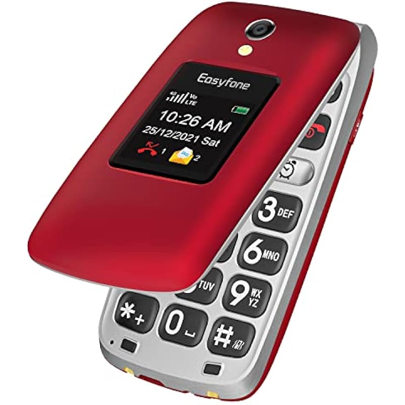 Easyfone Prime-A1 Pro 4G Unlocked Flip Mobile Phone for Seniors, 2.4” HD Display, Big Buttons, Clear Sound, SOS Button, 1500mAh Battery with a Charging Dock, FCC IC Certified (Red)