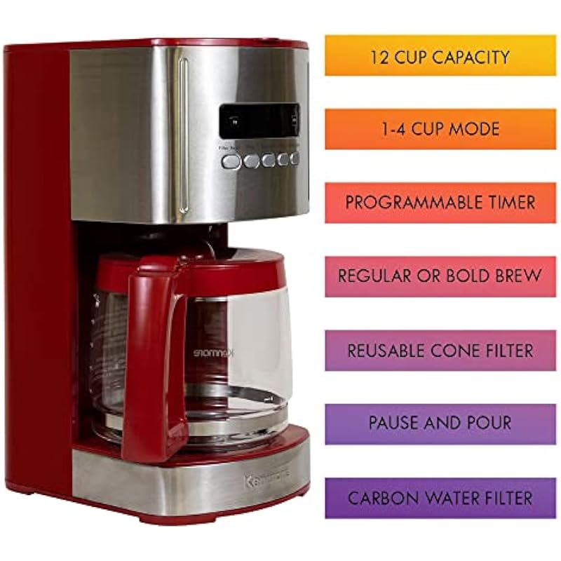 Kenmore Aroma Control 12-Cup Programmable Coffee Maker, Red and Stainless Steel Drip Coffee Machine, Glass Carafe, Reusable Filter, Timer, Digital Display Charcoal Water Filter, Regular or Bold