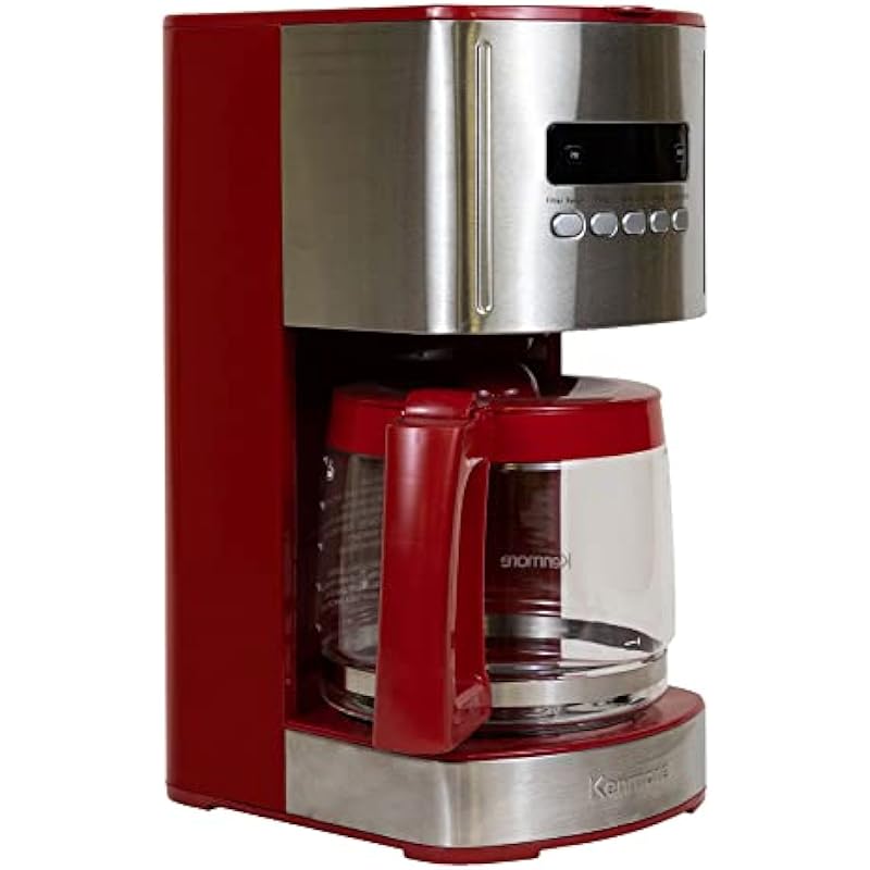 Kenmore Aroma Control 12-Cup Programmable Coffee Maker, Red and Stainless Steel Drip Coffee Machine, Glass Carafe, Reusable Filter, Timer, Digital Display Charcoal Water Filter, Regular or Bold