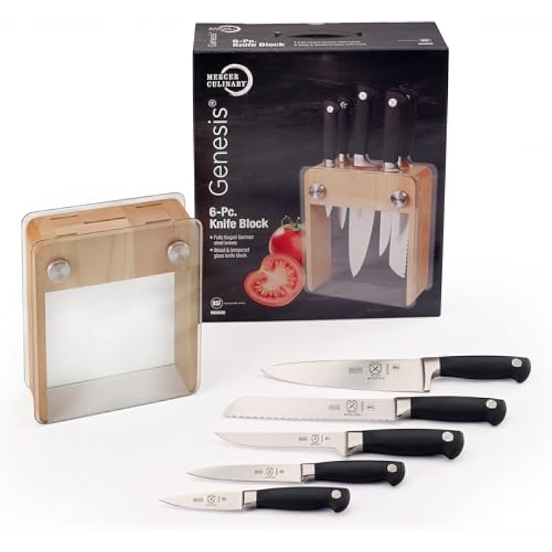 Mercer Culinary M20050 Genesis 6-Piece Forged Knife Block Set, Wood Block with Tempered Glass
