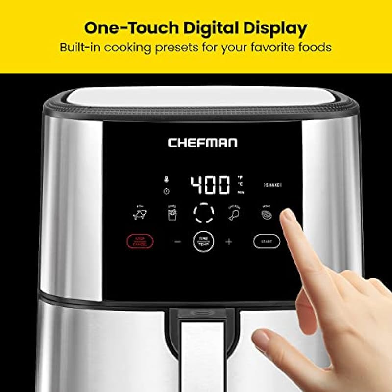 Chefman TurboFry Touch Air Fryer, 5Qt (4.75L) Family Size, One Touch Digital Control Presets, French Fries, Chicken, Meat, Fish, Nonstick Dishwasher-Safe Parts, Automatic Shutoff, Stainless Steel