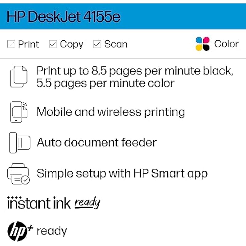 HP DeskJet 4155e All-in-One Wireless Color Printer, with bonus 3 months free Instant Ink with HP+ (26Q90A)