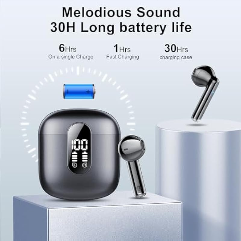 Wireless Earbuds, Bluetooth 5.3 Headphones HiFi Stereo, Mini in-Ear Bluetooth Earbuds, Wireless Earphones with 4 ENC Noise Cancelling Mic, IP7 Waterproof, LED Display, Touch Control Ear Buds, Black