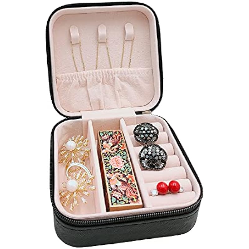 Mini Jewelry Travel Case,Small Travel Jewelry Organizer, Portable Jewelry Box Travel Mini Storage Organizer Portable Display Storage Box For Rings Earrings Necklaces Gifts (Black)