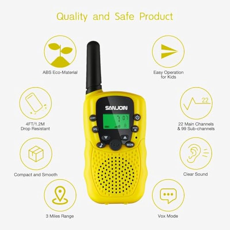 Toys for 3-8 Year Old Boys, Long Range Walkie Talkies for Kids Toys Gift 2 Way Radios 22 Channels with Backlit LCD Flashlight for Outside Adventures, Camping, Hiking(Yellow)
