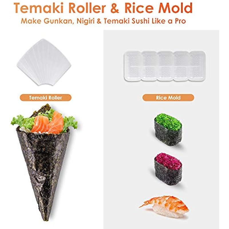 Delamu Sushi Making Kit, 20 in 1 Sushi Bazooka Roller Kit with Guide Book, Bamboo Mats, Bazooka Roller, Rice Mould, Temaki Sushi Mats, Sushi Knife, Rice Paddle, Rice Spreader, Sauce Dishes