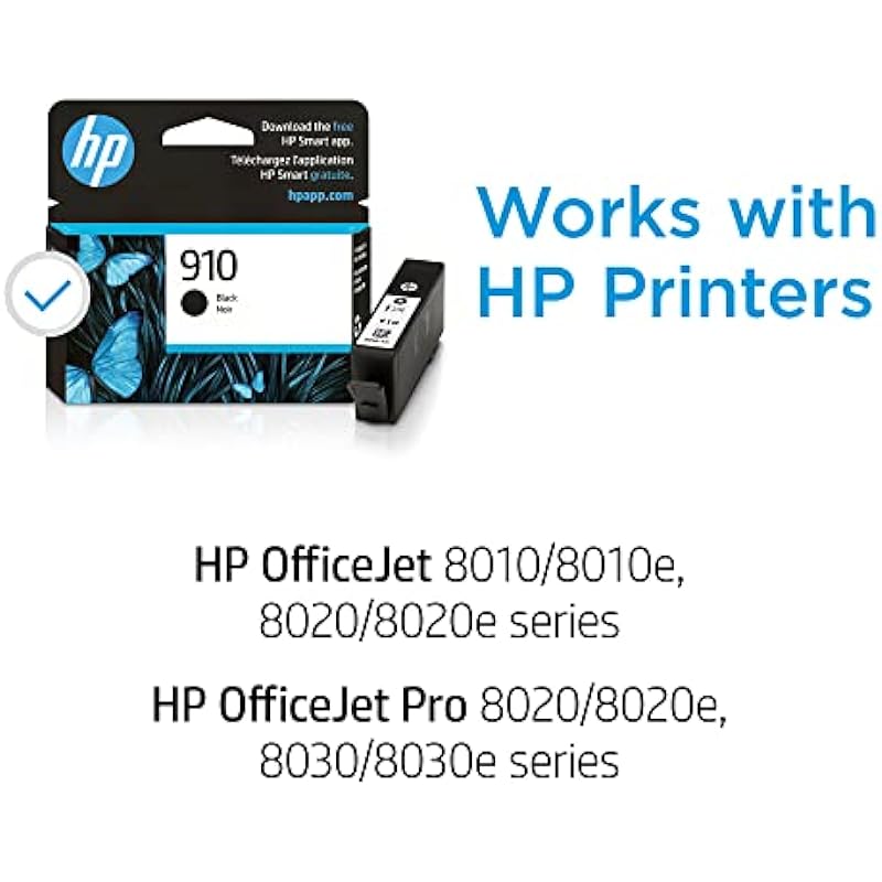 HP Original 910 Black Ink Cartridge | Works with HP OfficeJet 8010, 8010e, 8012e, 8014e, 8015, 8015e, 8018, 8022, 8022e; HP OfficeJet Pro 8020, 8020e, 8024e, 8025, 8025e, 8028, 8028e, 8035, 8035e