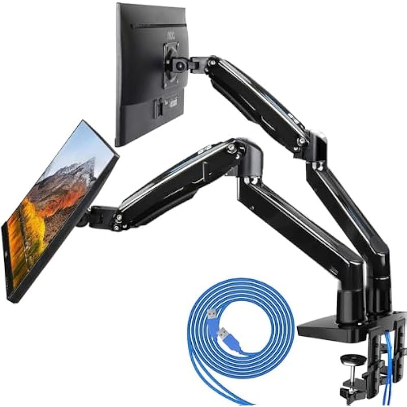 HUANUO Dual Monitor Mount for 13 to 32 Inch, Height Adjustable Monitor Desk Mount for 2 Computer Screens, Gas Spring Dual Monitor Stand with Clamp/Grommet Base, Each Monitor Arm Hold up to 26.4 lbs