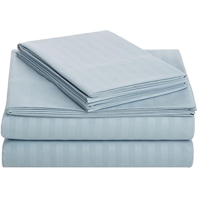 Amazon Basics Deluxe Striped Microfiber Bed Sheet Set – Queen, Spa Blue