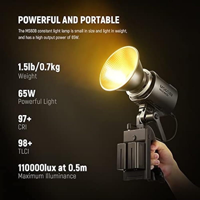 NEEWER MS60B Bi Color LED Video Light with 2.4G/APP Control, 65W Metal Mini Handheld COB Continuous Output Lighting Bowens Mount 2700K-6500K, 40000lux/1m, CRI 97+/TLCI 98+, 12 Effects, PWM Dimming
