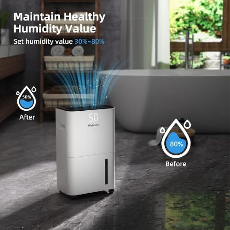 HOGARLABS 2000 Sq Ft 30 Pint Dehumidifier for Home Basements Bathroom Bedroom, Dehumidifier with Drain Hose for Medium to Large Room, Intelligent Humidity Control Dehumidifier with Laundry Dry