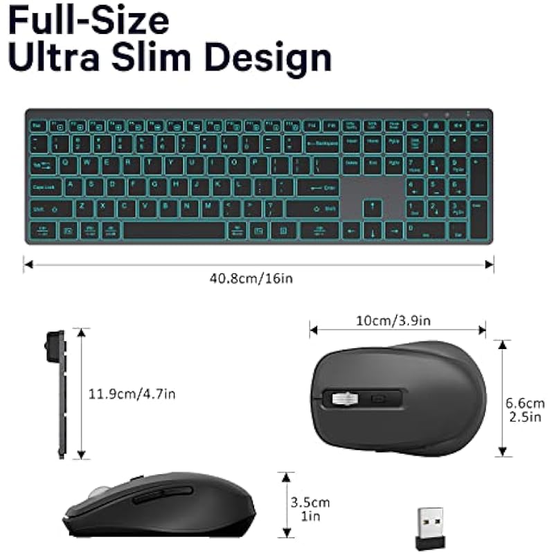 Earto K637 Wireless Keyboard and Mouse, 7 Color Backlit, Jiggler Mouse with 4 Level DPI, Type-C Rechargeable, 2.4G Keyboard Mouse with One USB Nano Receiver, for Windows/Mac OS/Laptop/PC, Dark Grey