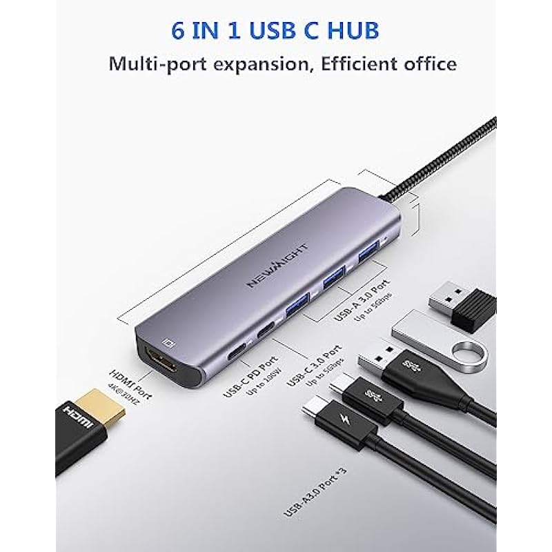USB C HUB to HDMI Adapter, Newmight 6 in 1 USB-C Dongle with 4K HDMI,3 USB3.0 Ports and USB C 5Gbps Data Port, 100W USBC Charging Port, Type C Dock for iPhone 15 Pro/Pro Max, MacBook Pro/Air and More