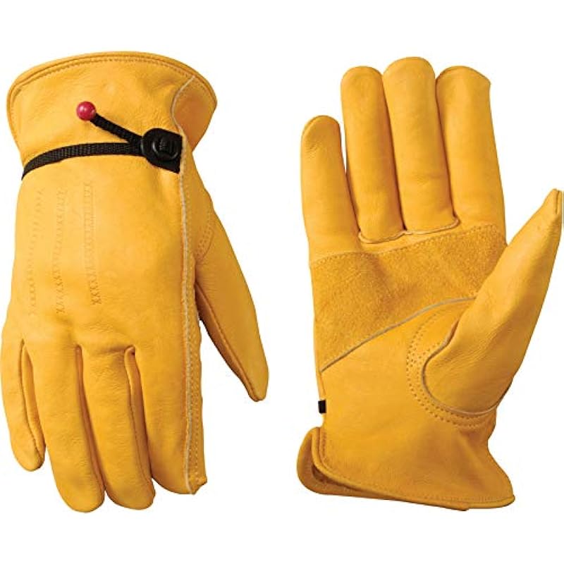 WELLS LAMONT Full Leather Work Gloves with Ball and Tape Wrist Closure, Grain Cowhide, Medium (1132M), Saddletan