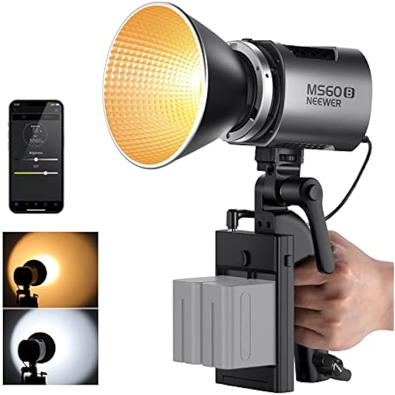 NEEWER MS60B Bi Color LED Video Light with 2.4G/APP Control, 65W Metal Mini Handheld COB Continuous Output Lighting Bowens Mount 2700K-6500K, 40000lux/1m, CRI 97+/TLCI 98+, 12 Effects, PWM Dimming