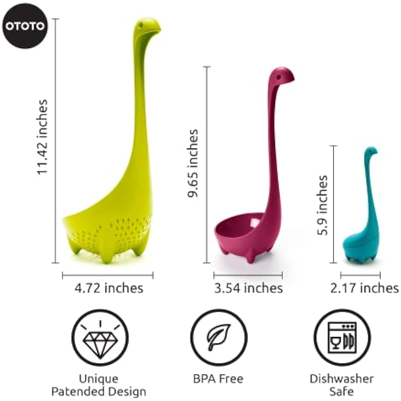 OTOTO The Nessie Family Soup Ladle and Tea Infuser Set – Durable Soup Ladle, Colander for Cooking & Tea Infusers – 100% Food Safe, BPA Free Ladle Spoon – Heat Resistant Fun Gadgets