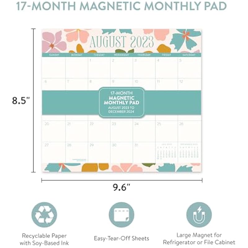 Orange Circle Studio | 2023-2024 Modern Floral Magnetic Monthly Pad Calendar – 17-Month Planner with Magnetic Tab – for Fridge, File Cabinet, or Desktop – (Flower Calendar)