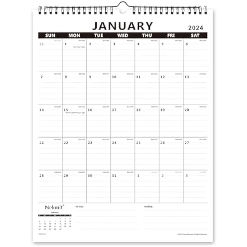 Nekmit 2023-2024 Yearly Monthly Academic Wall Calendar, Wirebound Calendar for Home Schooling Plan & Schedule, Runs from Now to Dec 2024, Ruled Blocks, 15 x 12 Inches, Black