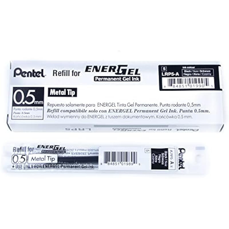 Refill for Pentel EnerGel Permanent Gel Roller Pens (BLP75-A) 0.5mm, Black Ink, Box of 12